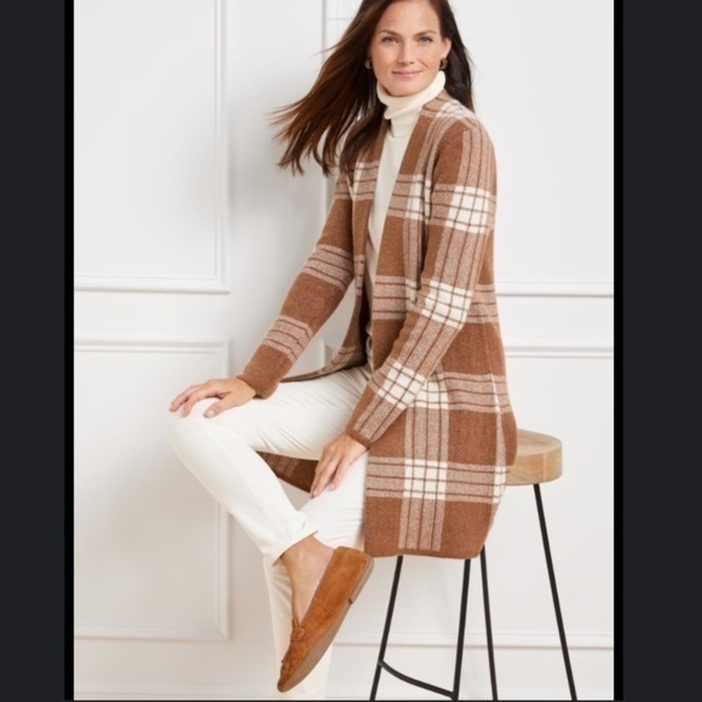 Talbots brown plaid open cardigan. 3X